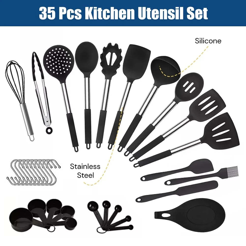 Kitchen Cooking Utensil Set Silicone Non-Stick Stainless Steel Cookware 35Pcs