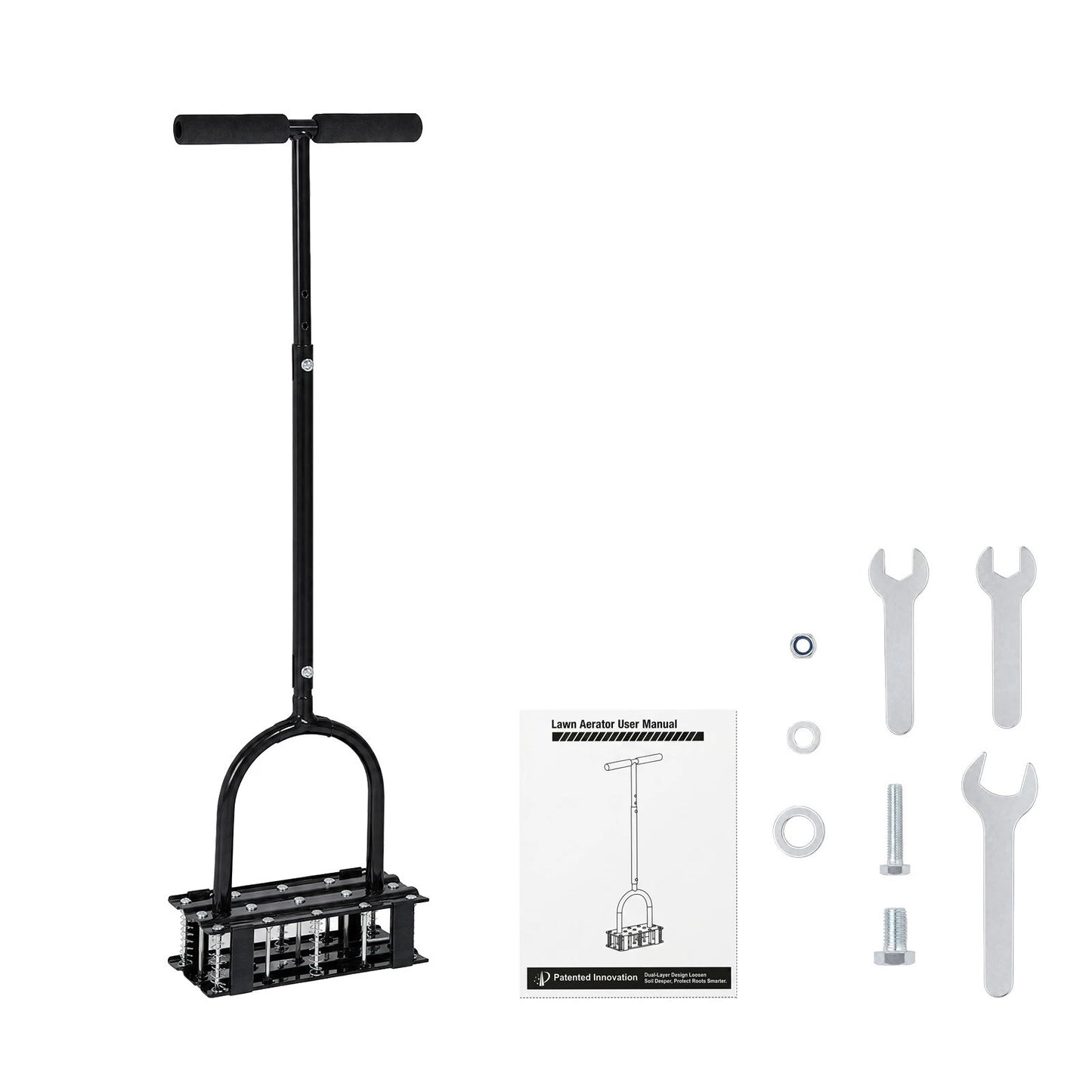 Lambu Lawn Aerator 15-Spike Manual Garden Scarifier Tool Carbon Steel Black