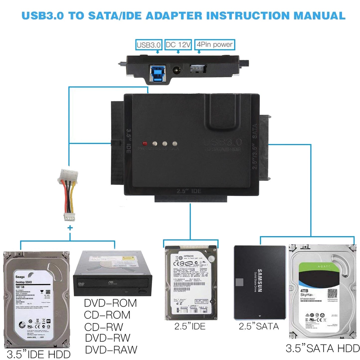 USB 3.0 to SSD/SATA/IDE Adapter (6TB)For 2.5"/3.5" External Hard Drive Disk HDD