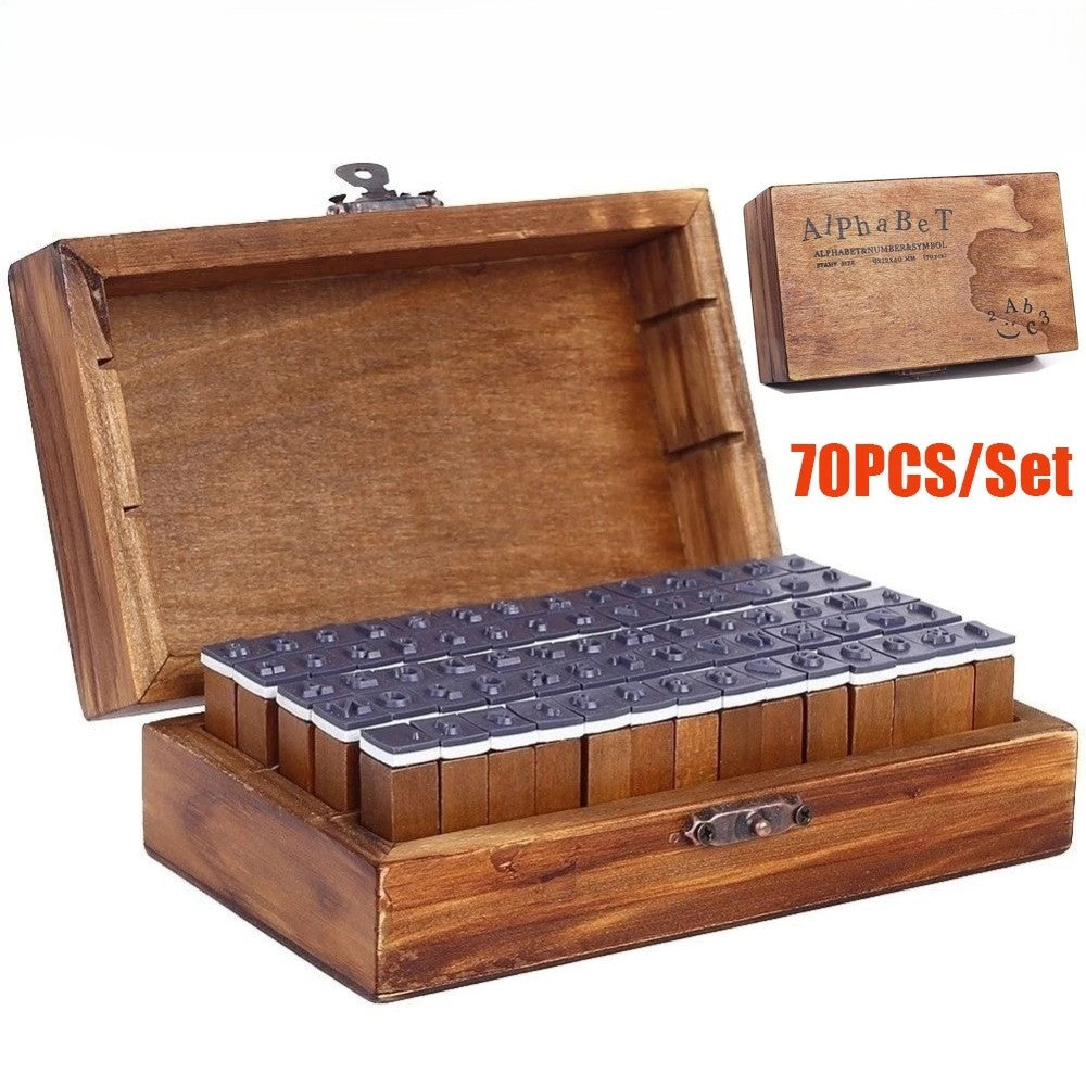 70 pcs / set Rubber Stamps Letter Number Alphabet Wooden Box Antique Vintage Kit