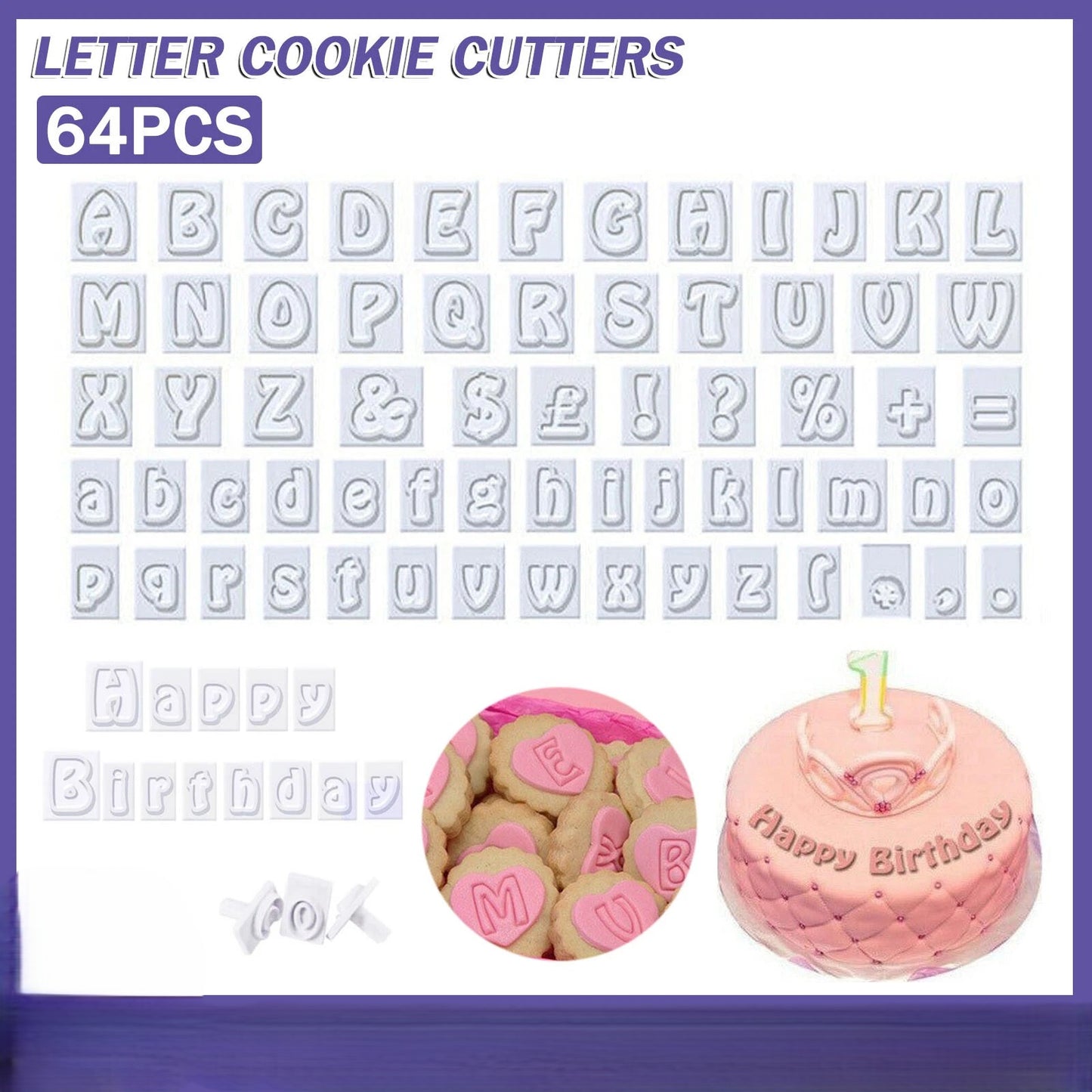 64PCS Fondant Cake Alphabet Letter Cookies Biscuit Stamp Embosser Mold Cutter