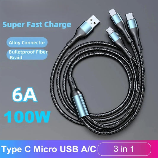 3 in 1 100W Type C Micro USB A/C Fast Charging Cable For Samsung iPhone 17