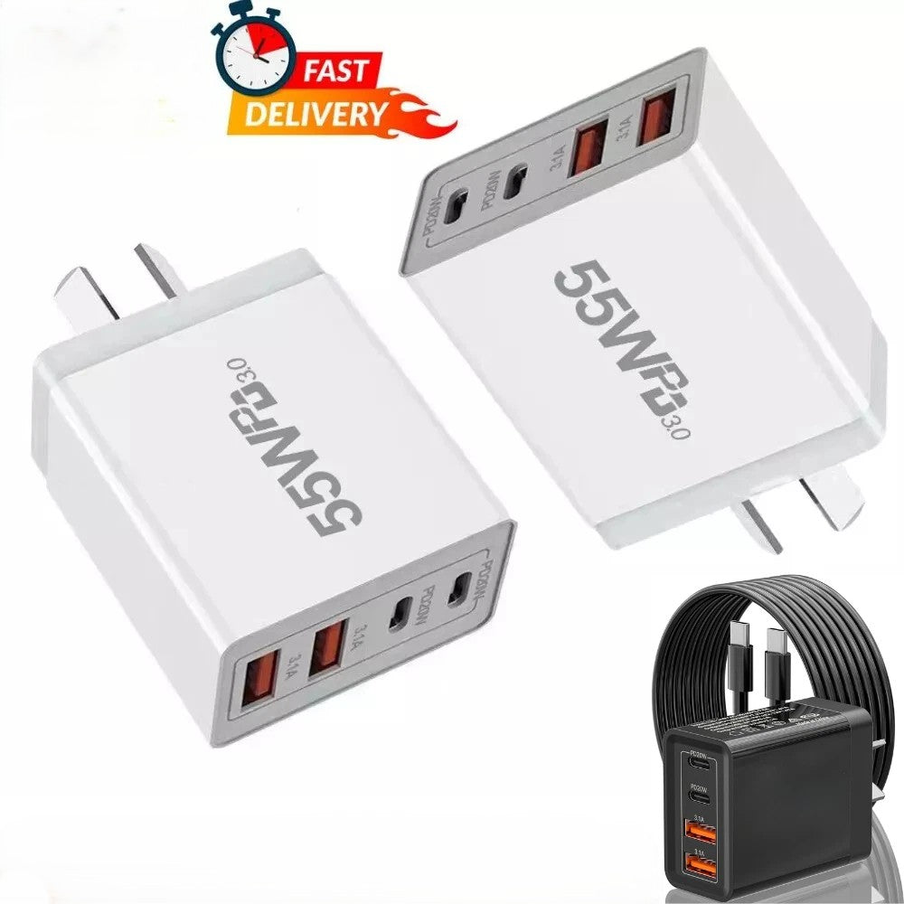 55W 4 Port USB-C PD Type-C Fast Charging Wall Plug USB C Charger Power Adapter
