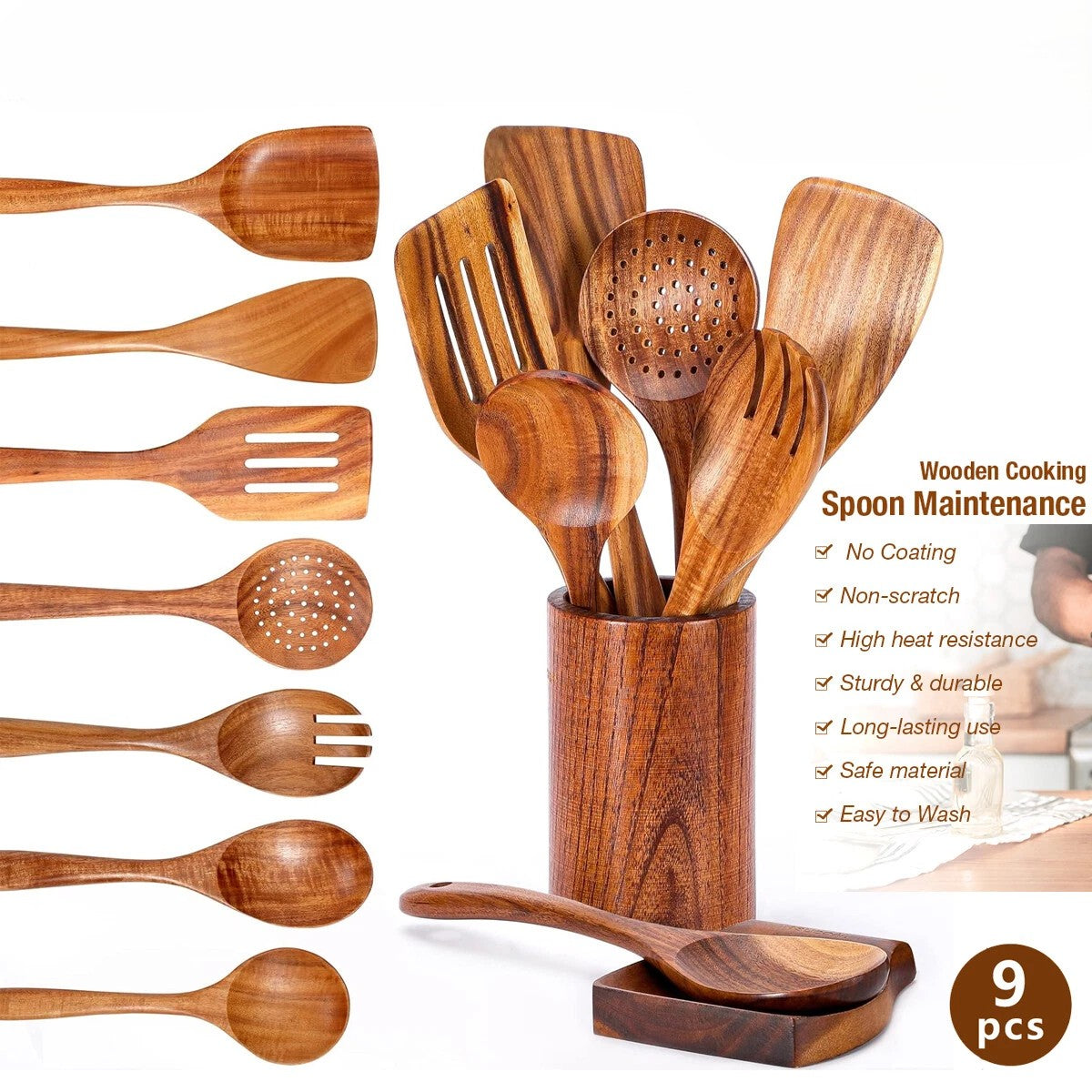 Natural Wooden Kitchen Utensil with Spoon Rest Holder 9pcs Cooking Spoon Set