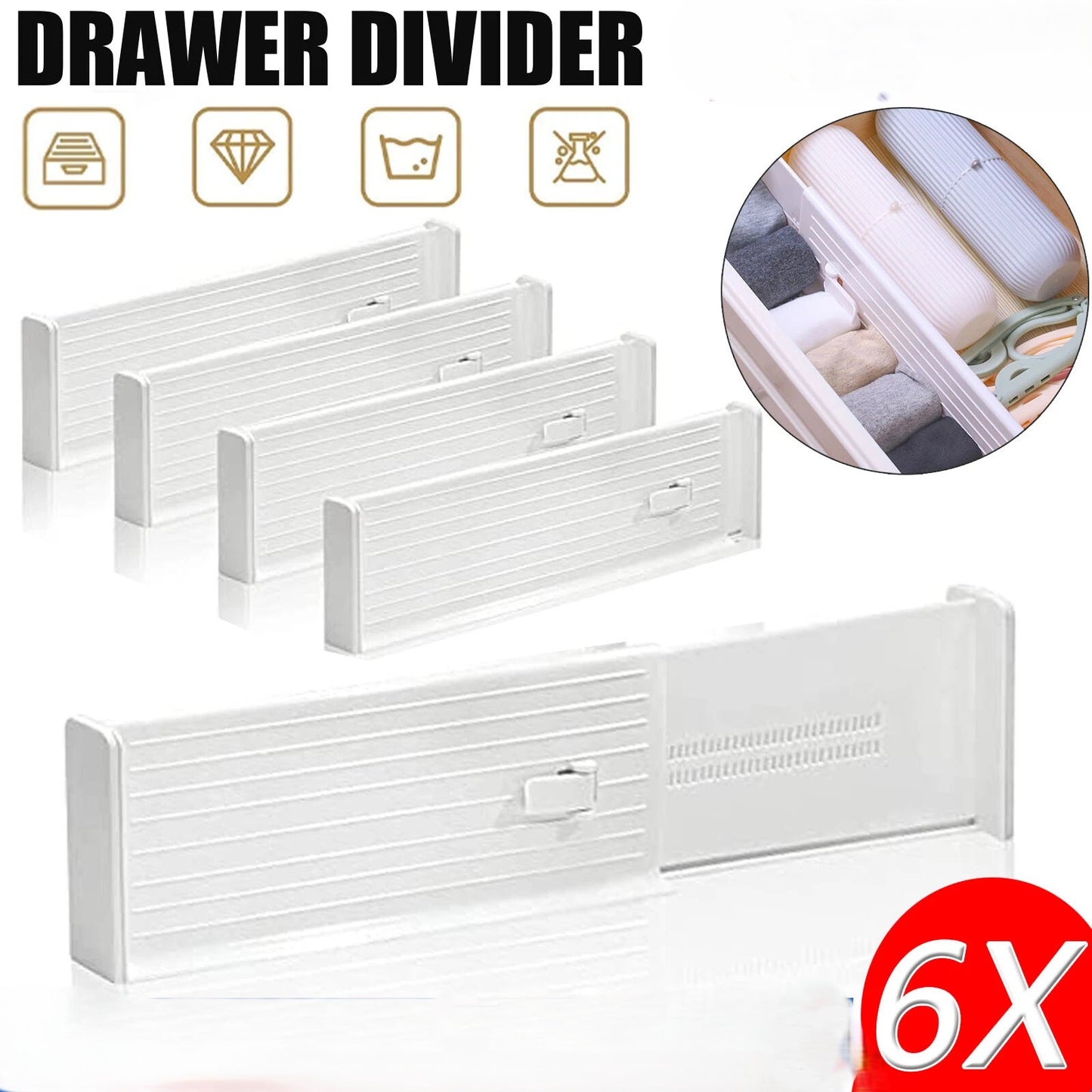 6PCS Adjustable Drawer Divider Partition Storage Organizer Clapboard Expandable