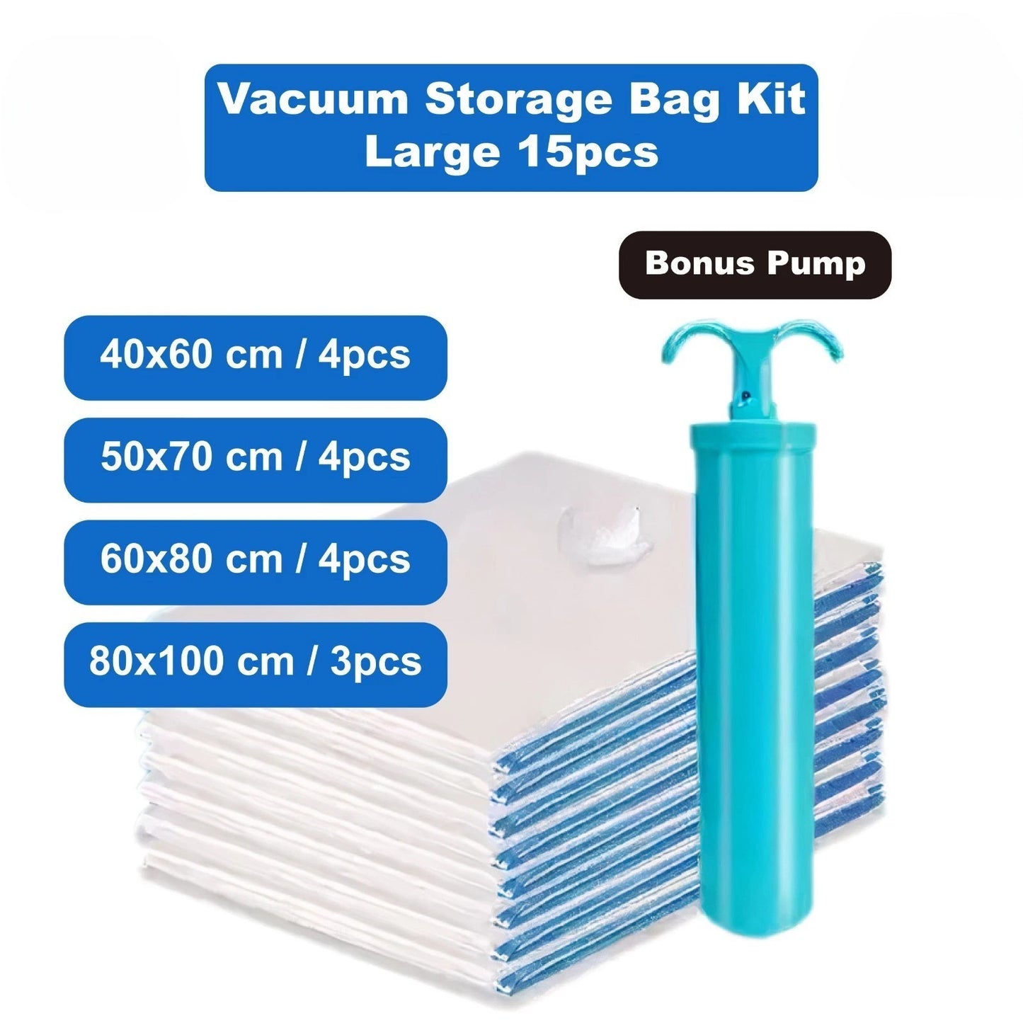 Vacuum Storage Bags Space Saver Kit with Hand Pump for Clothes Travel Organizer
