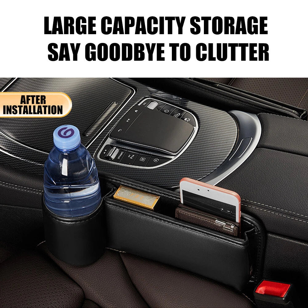 2 Pack Universal Car Seat Gap Filler Organizer Leather Storage Box w/ Cup Holder