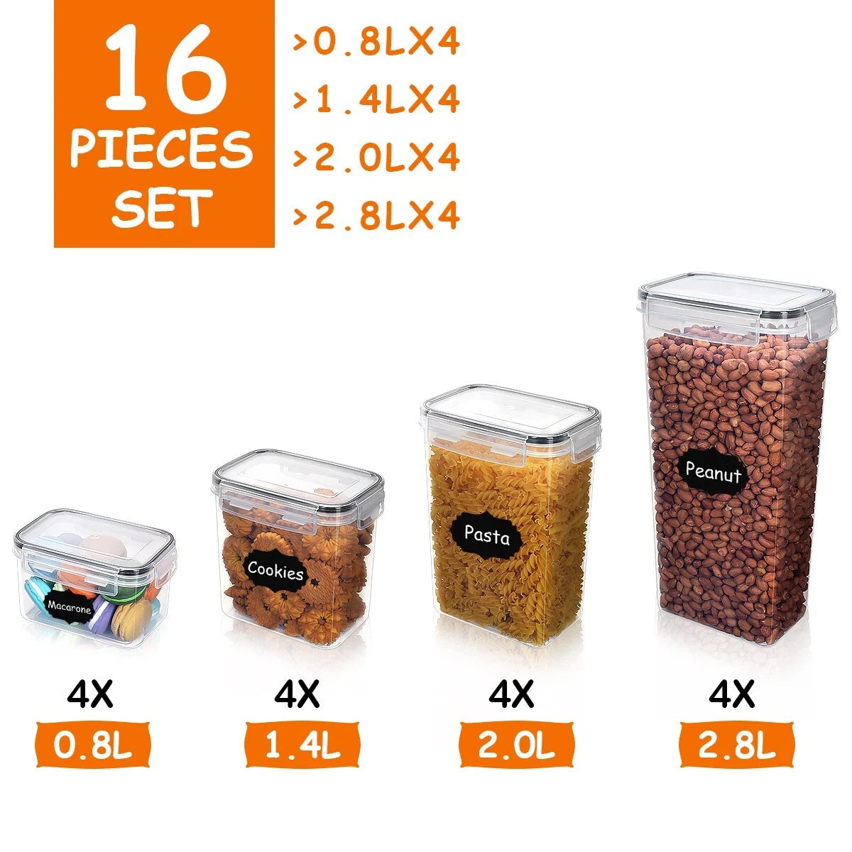 16/30/42 Pcs Airtight Food Storage Containers Kitchen Dry Food Pantry Organizer
