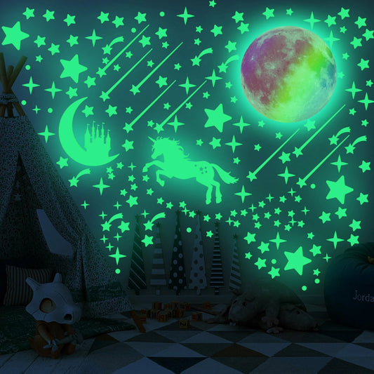 297pcs Glow In The Dark Rainbow Moon Stars  Unicorn Wall Sticker Kids Room Decor
