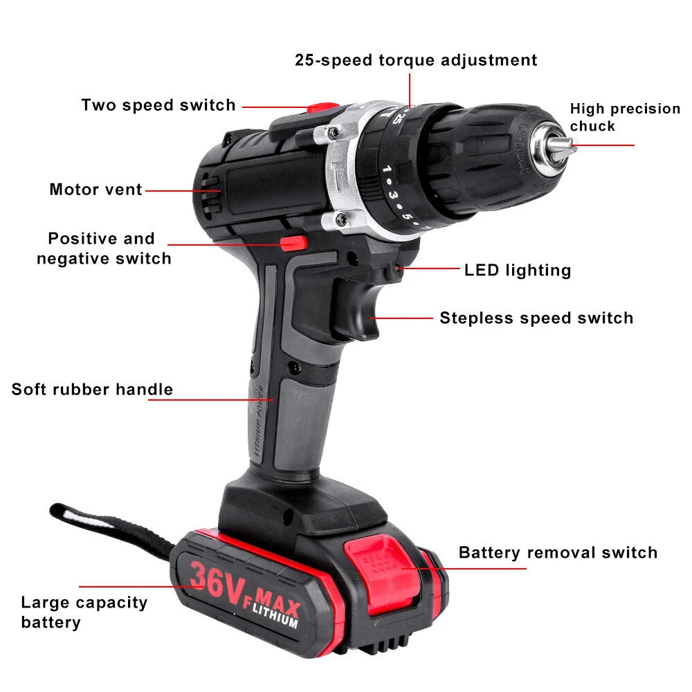36V CORDLESS DRILL HEAVY DUTY IMPACT DRIVER KIT BRUSHLESS HAMMER +2 BATTERY KIT
