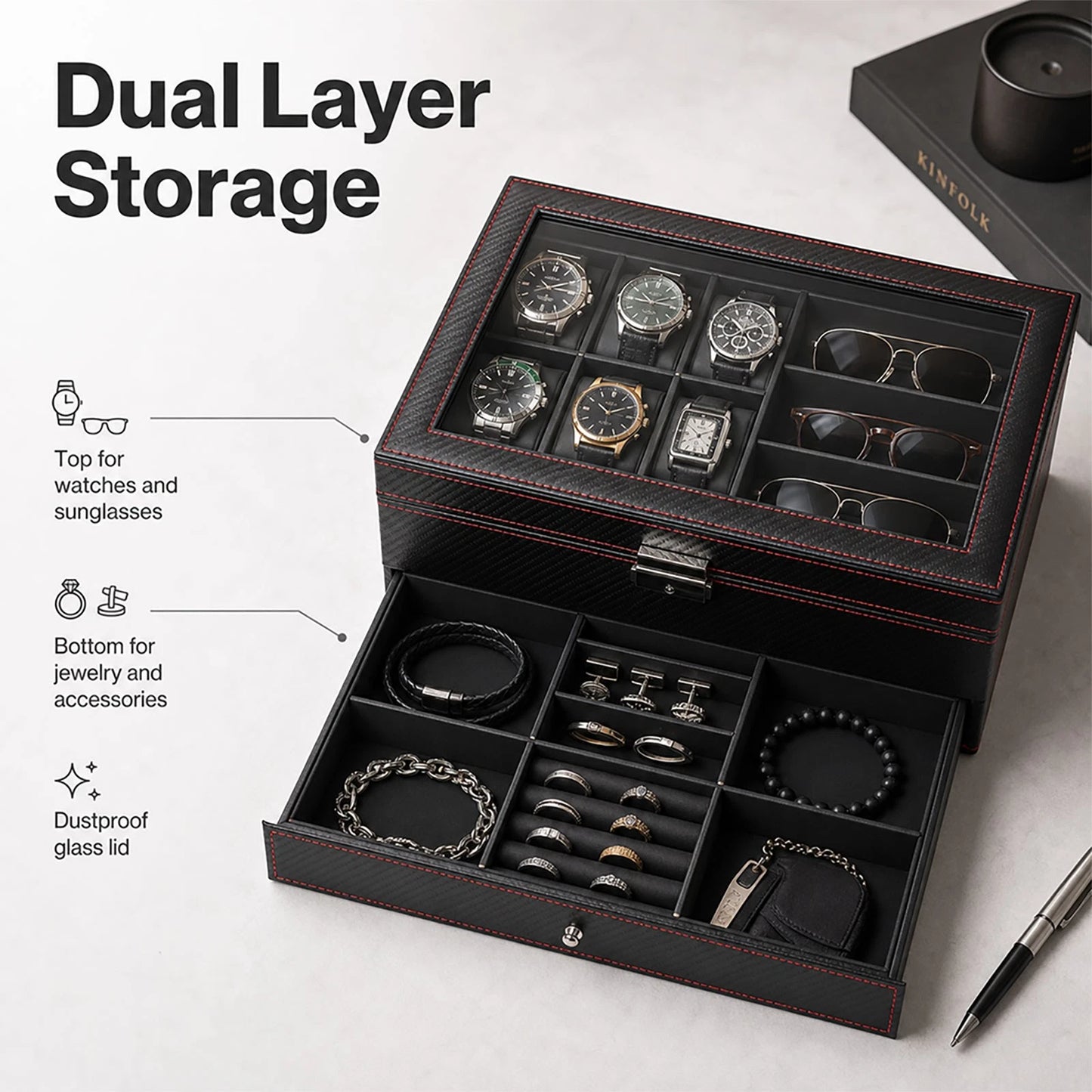 Watch Box 6 Slot Watch Case Jewelry Box PU Leather with Drawer Black