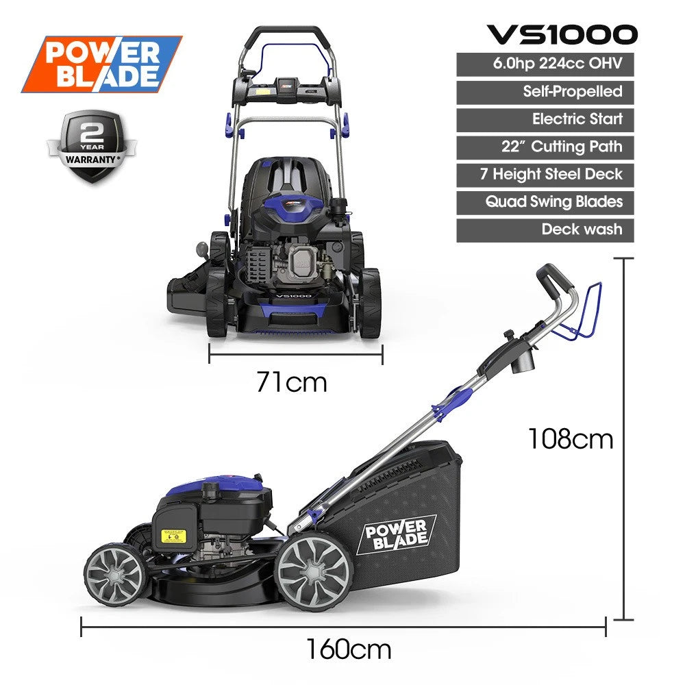 POWERBLADE 22" 224cc Self-Propelled Lawn Mower E-Start Petrol 4-Stroke Lawnmower
