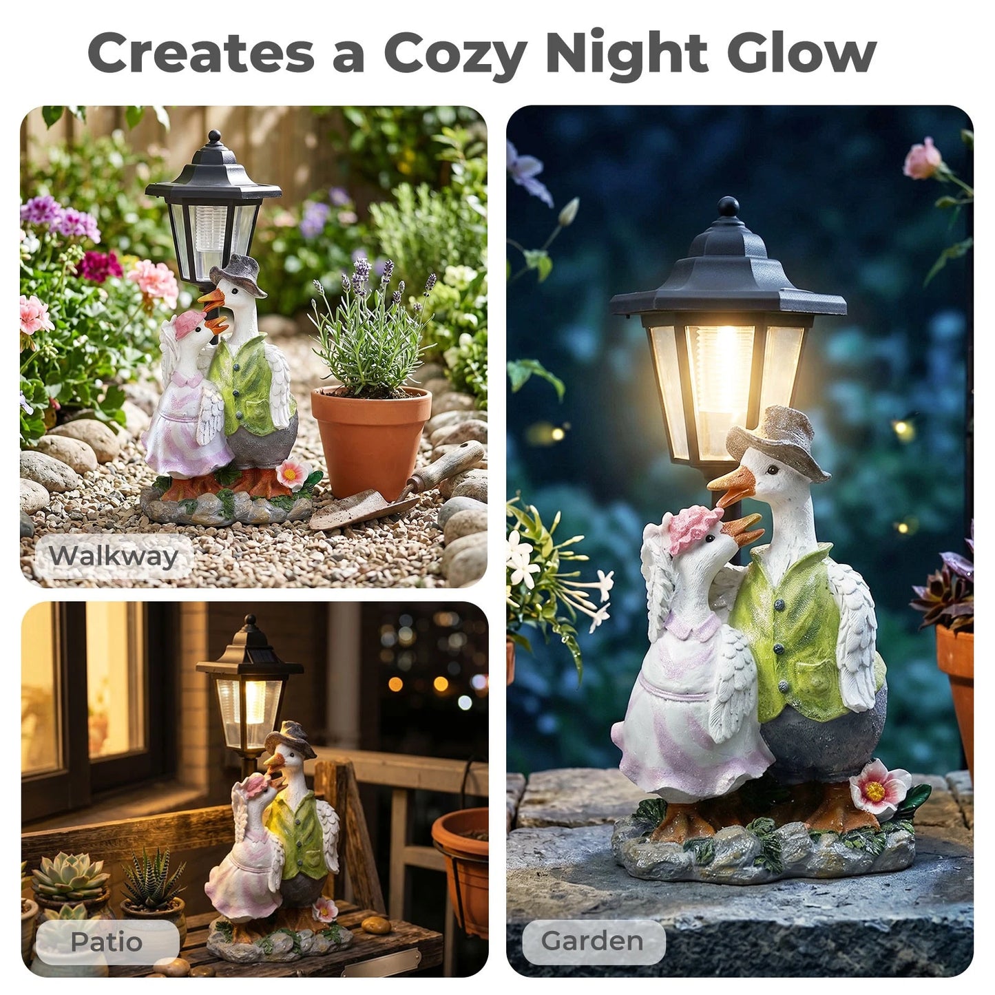 Emitto Duck Statue Solar Light Garden Resin White Green Pink