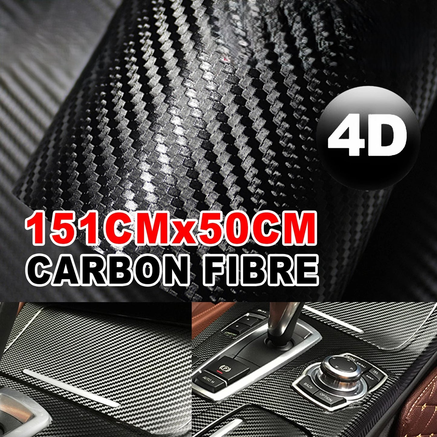 50cm x1.51M 4D Gloss Black Carbon Fibre Fiber Vinyl Car Wrap Air Release Film OZ