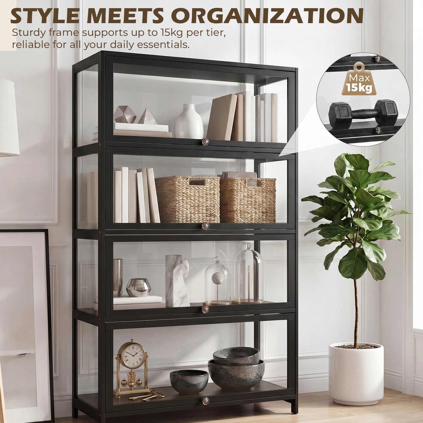 Display Cabinet Storage Shelves Clear Bookcase Wine Wood Rack Stand 3/4/5 Tier