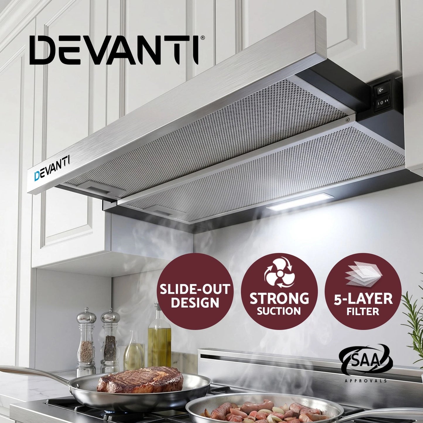 Devanti 600mm Range Hood 60cm Slide out Rangehood Kitchen Canopy Stainless Steel