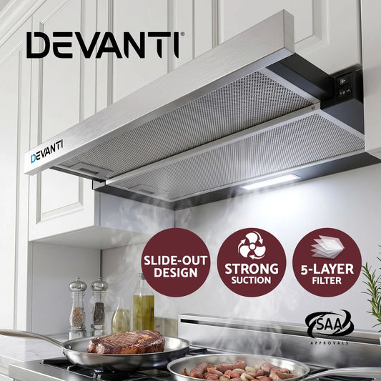 Devanti 600mm Range Hood 60cm Slide out Rangehood Kitchen Canopy Stainless Steel