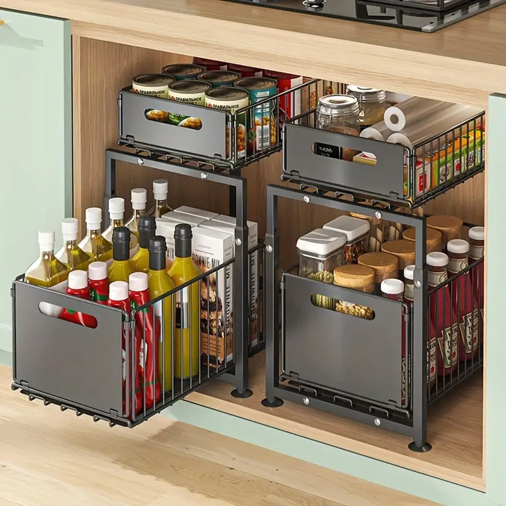 Large 2 Tier Pull Out Basket Kitchen Under Sink Cupboard Organiser Storage Rack