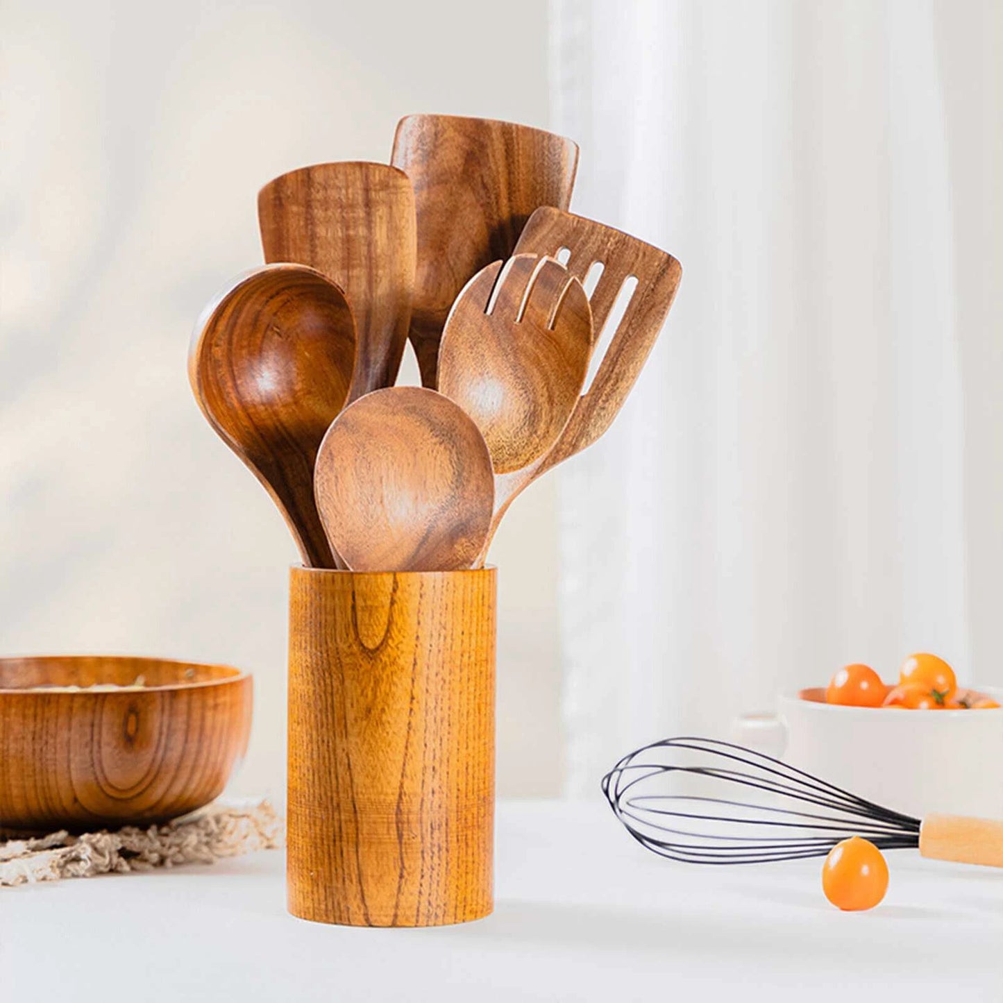Natural Wooden Kitchen Utensil with Spoon Rest Holder 9pcs Cooking Spoon Set