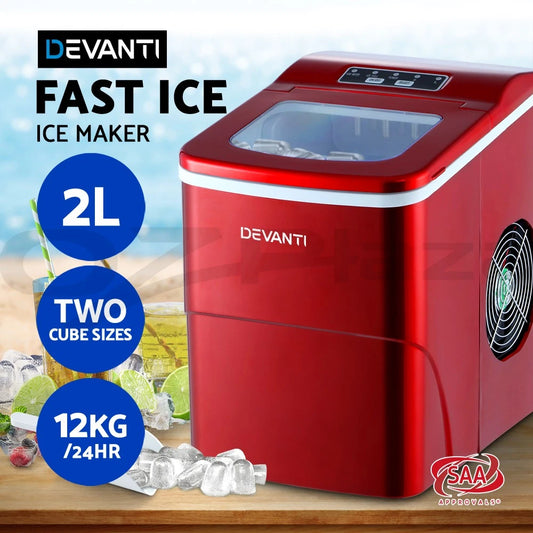Devanti 12kg Ice Maker Machine Portable Ice Cube Tray Bar Countertop 2L Red
