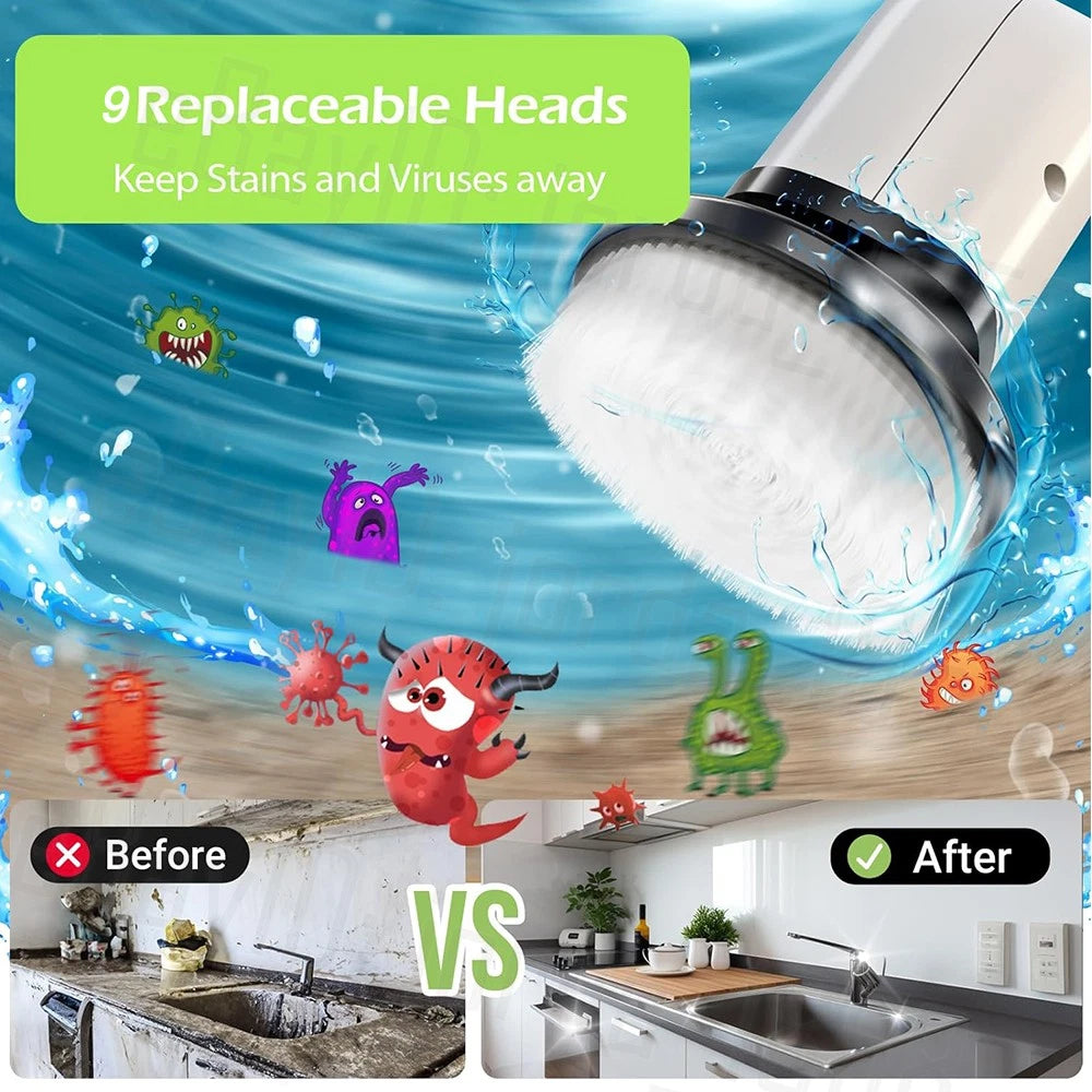 Rechargeable Cordless Spin Scrubber Electric Turbo Scrub Cleaning Brush 9 Heads