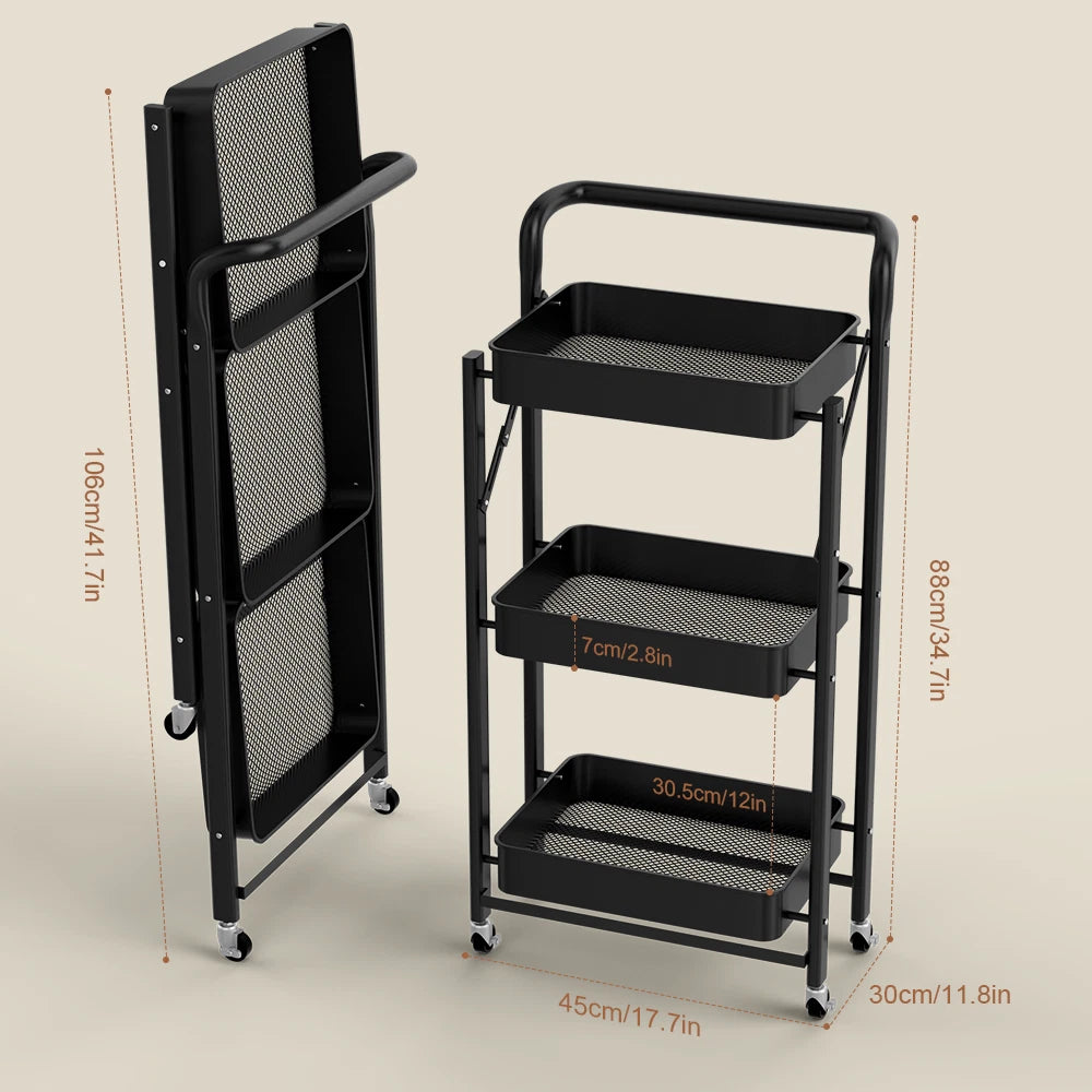 Foldable Storage Trolley Kitchen Cart 3 Tiers Rack Shelf Organiser Wheels Basket