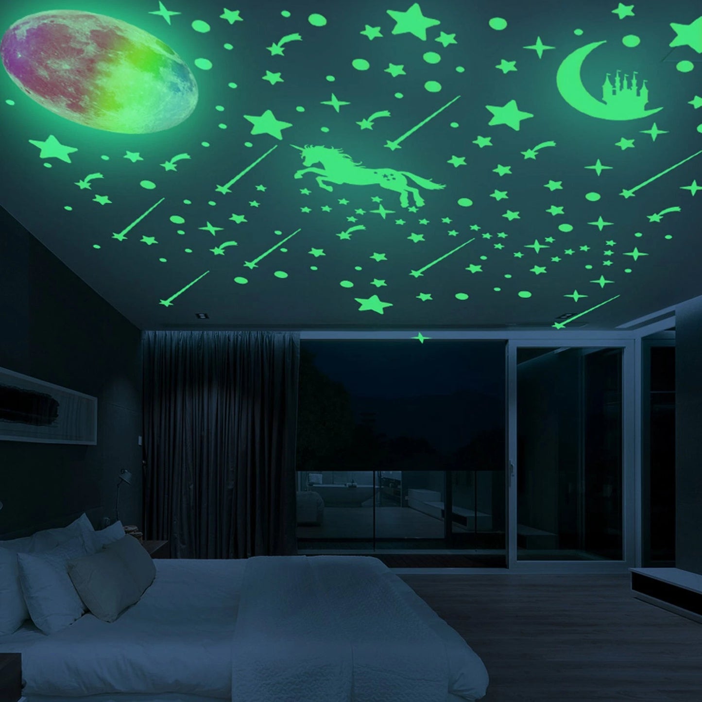 297pcs Glow In The Dark Rainbow Moon Stars  Unicorn Wall Sticker Kids Room Decor