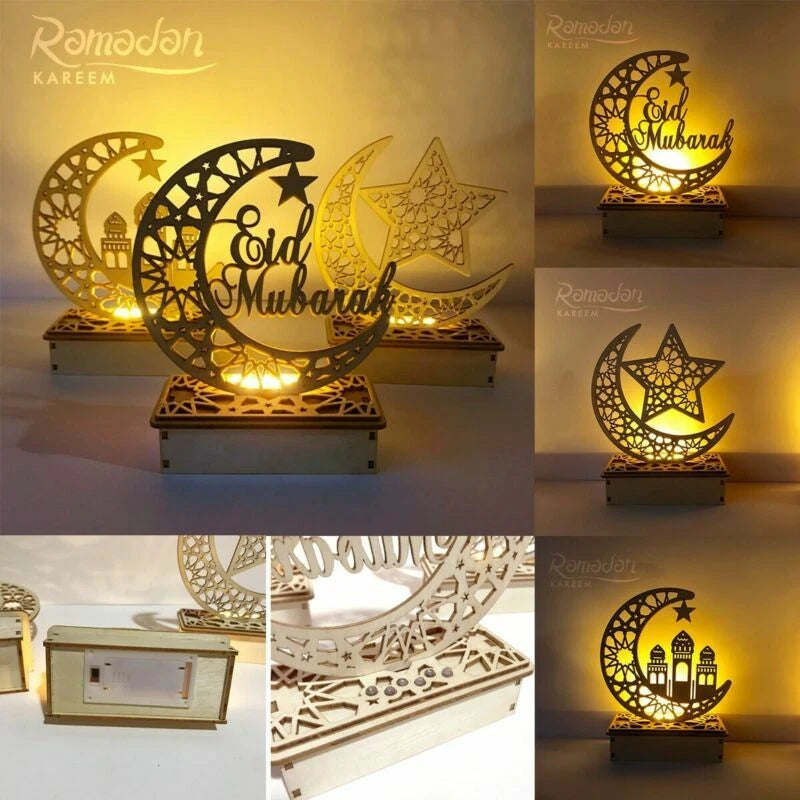 Ramadan Eid Mubarak Moon Castle LED Light Wooden Muslim Islamic Party Decoration