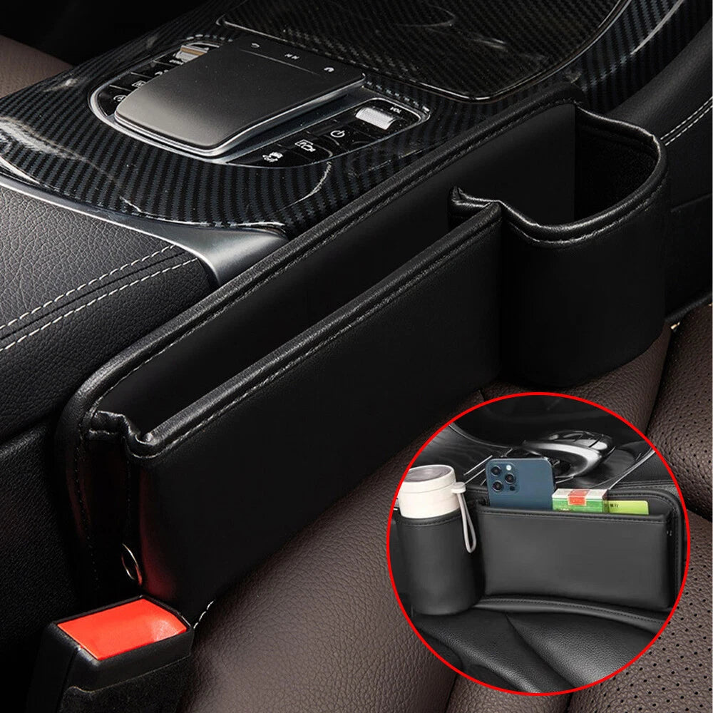 2 Pack Universal Car Seat Gap Filler Organizer Leather Storage Box w/ Cup Holder