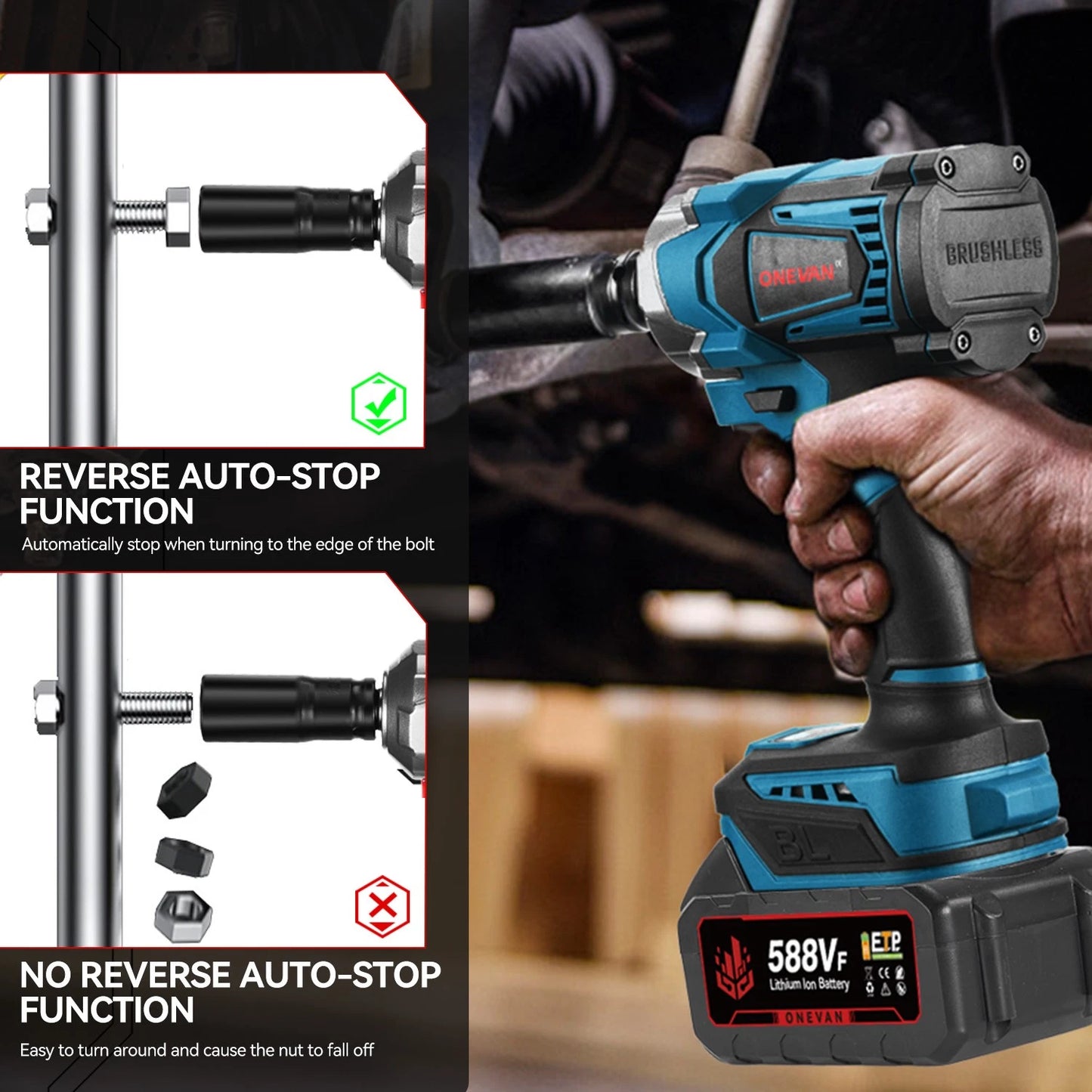 2000NM Cordless Impact Wrench Electric Brushless Rattle Gun w/2 Battery+Case Set