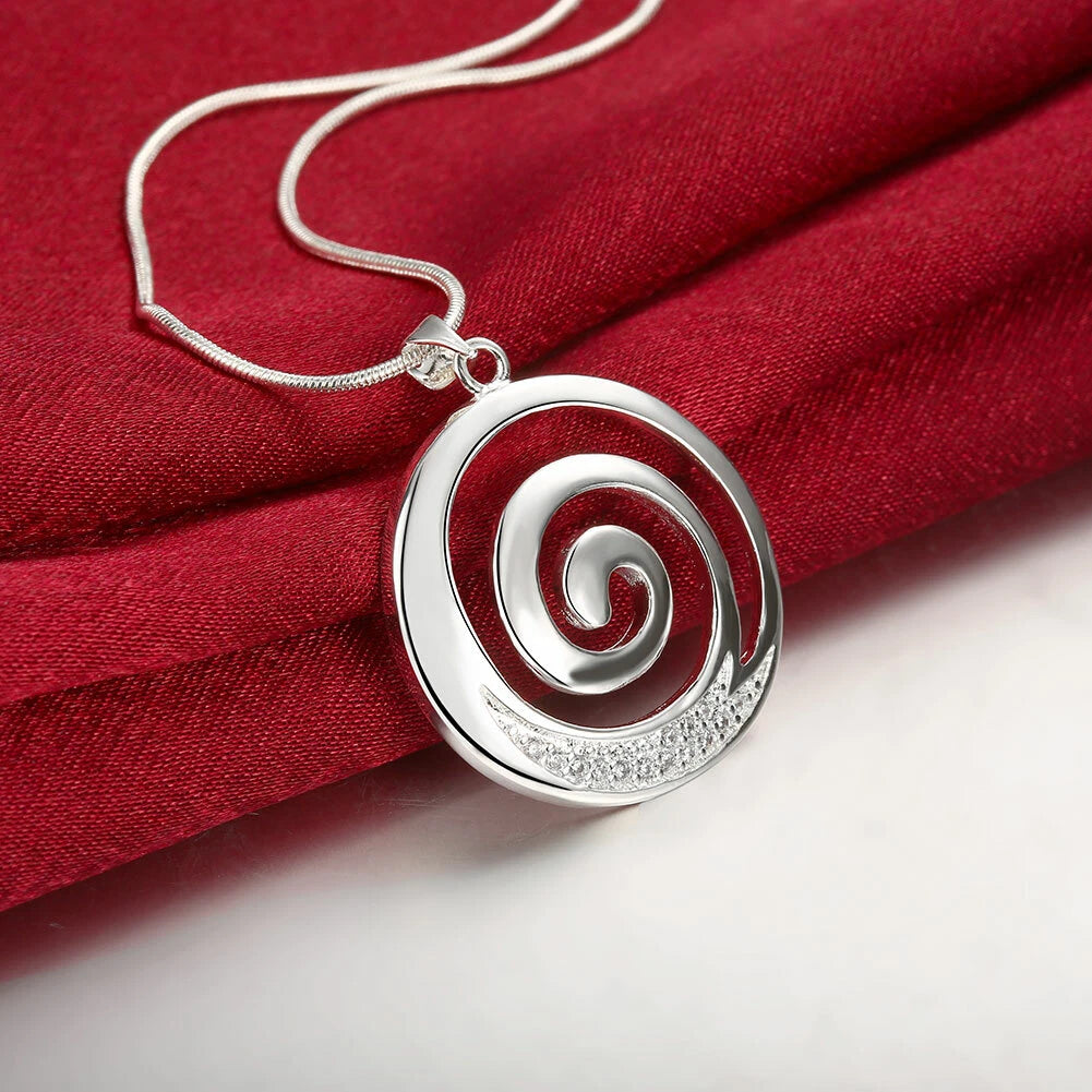 Stunning New 925 Sterling Silver Filled Spiral Pendant Necklace With Zircon