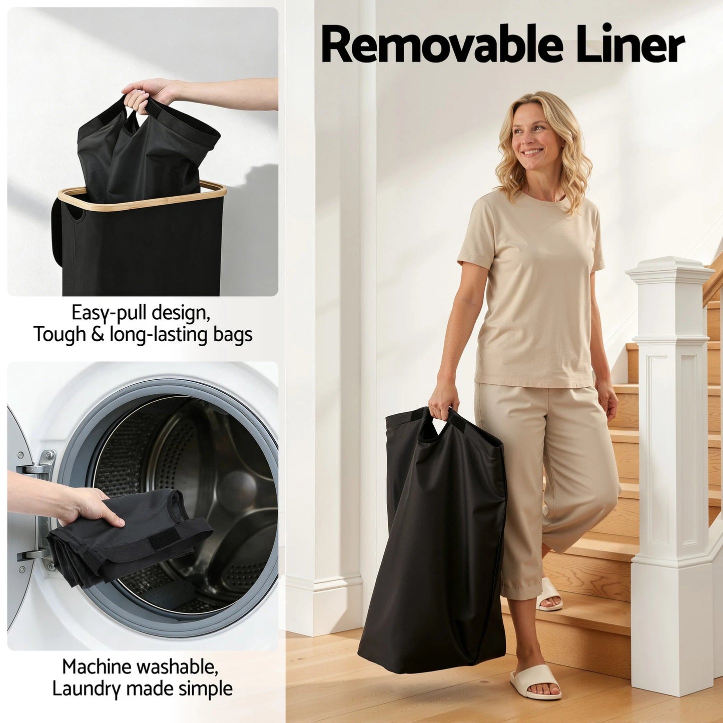Artiss Laundry Basket with Removable Bag Foldable Clothes Hamper Black 60L