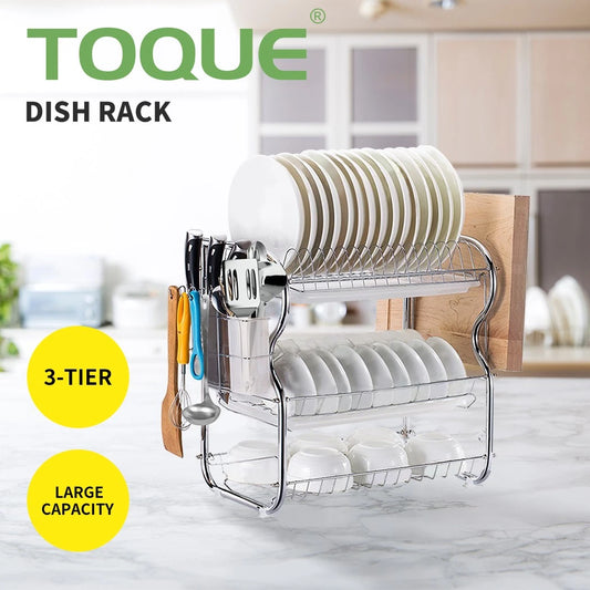 Toque Dish Rack Drying Drainer Cup Holder Cutlery Tray Kitchen Organiser 3 Tier