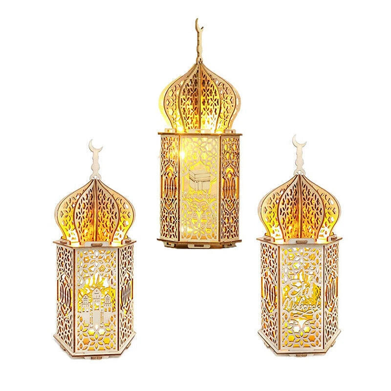 Eid Mubarak Muslim Led Night Lamp Ramadan Decoration Light Wooden Lantern Gift