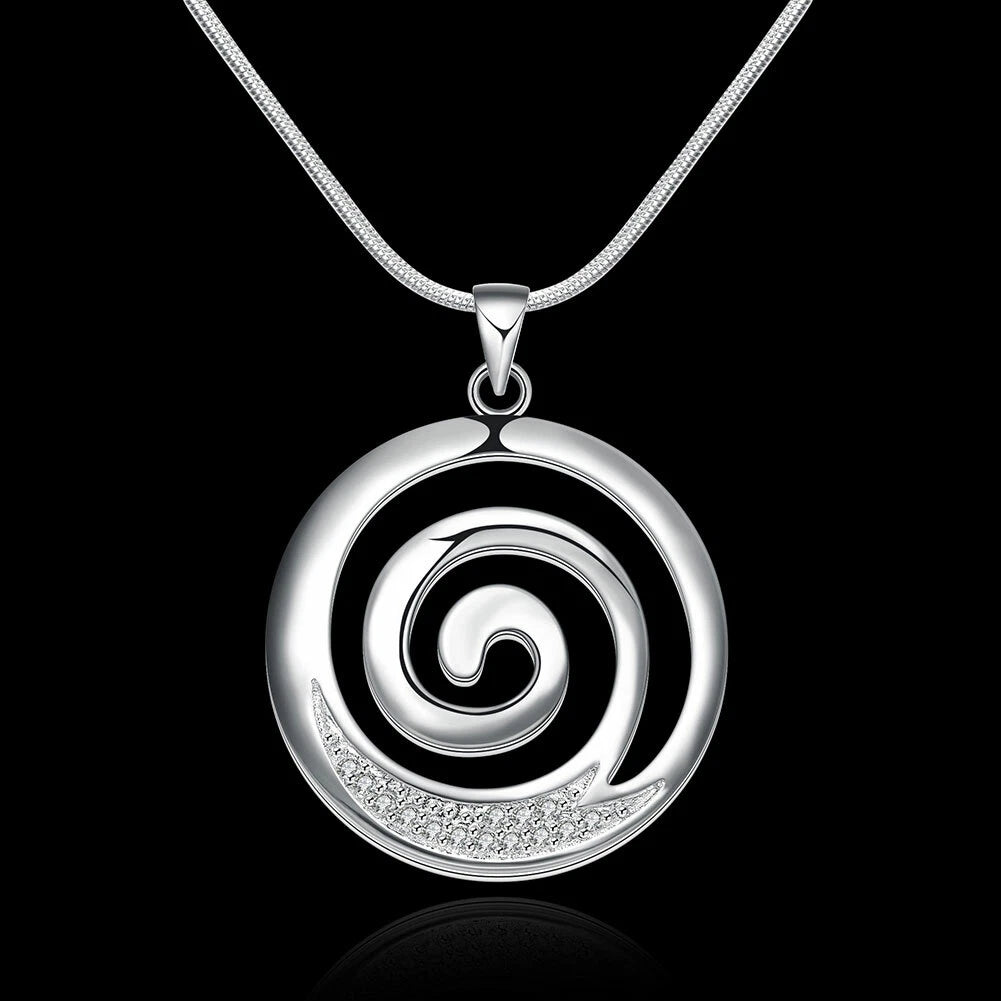 Stunning New 925 Sterling Silver Filled Spiral Pendant Necklace With Zircon