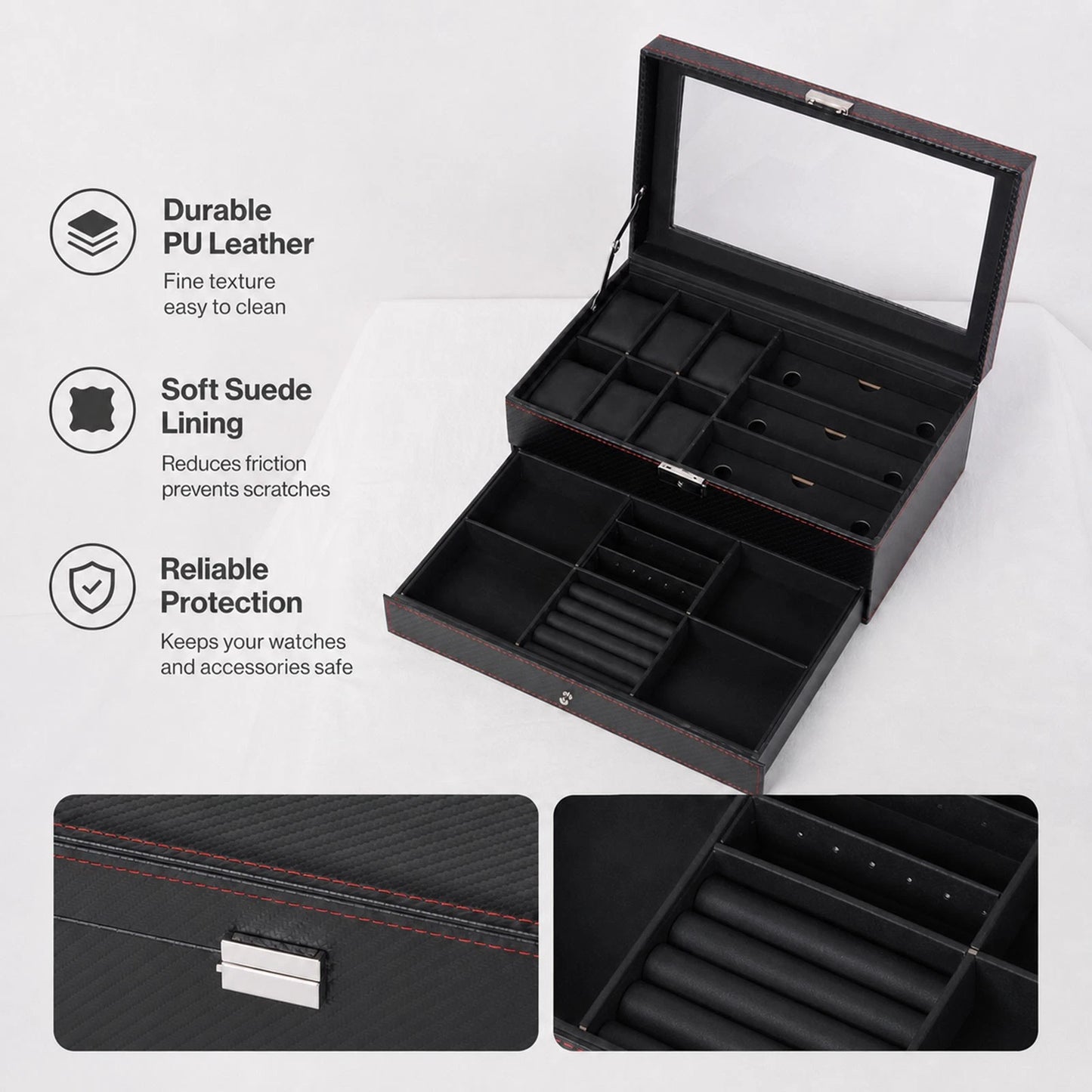 Watch Box 6 Slot Watch Case Jewelry Box PU Leather with Drawer Black
