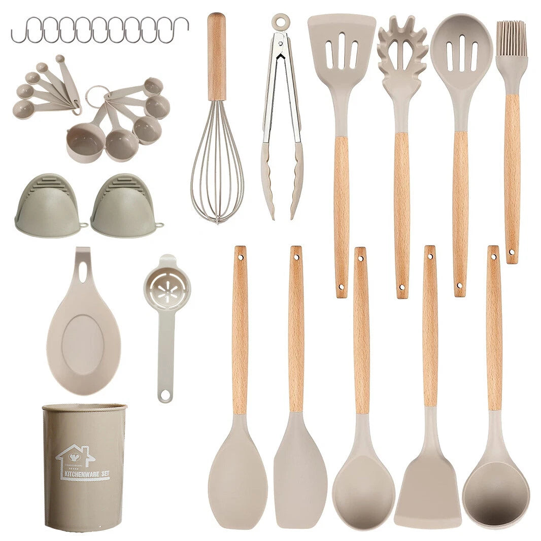 Set of 36 Silicone Utensils Set Wooden Cooking Kitchen Baking Cookware 2 Colours