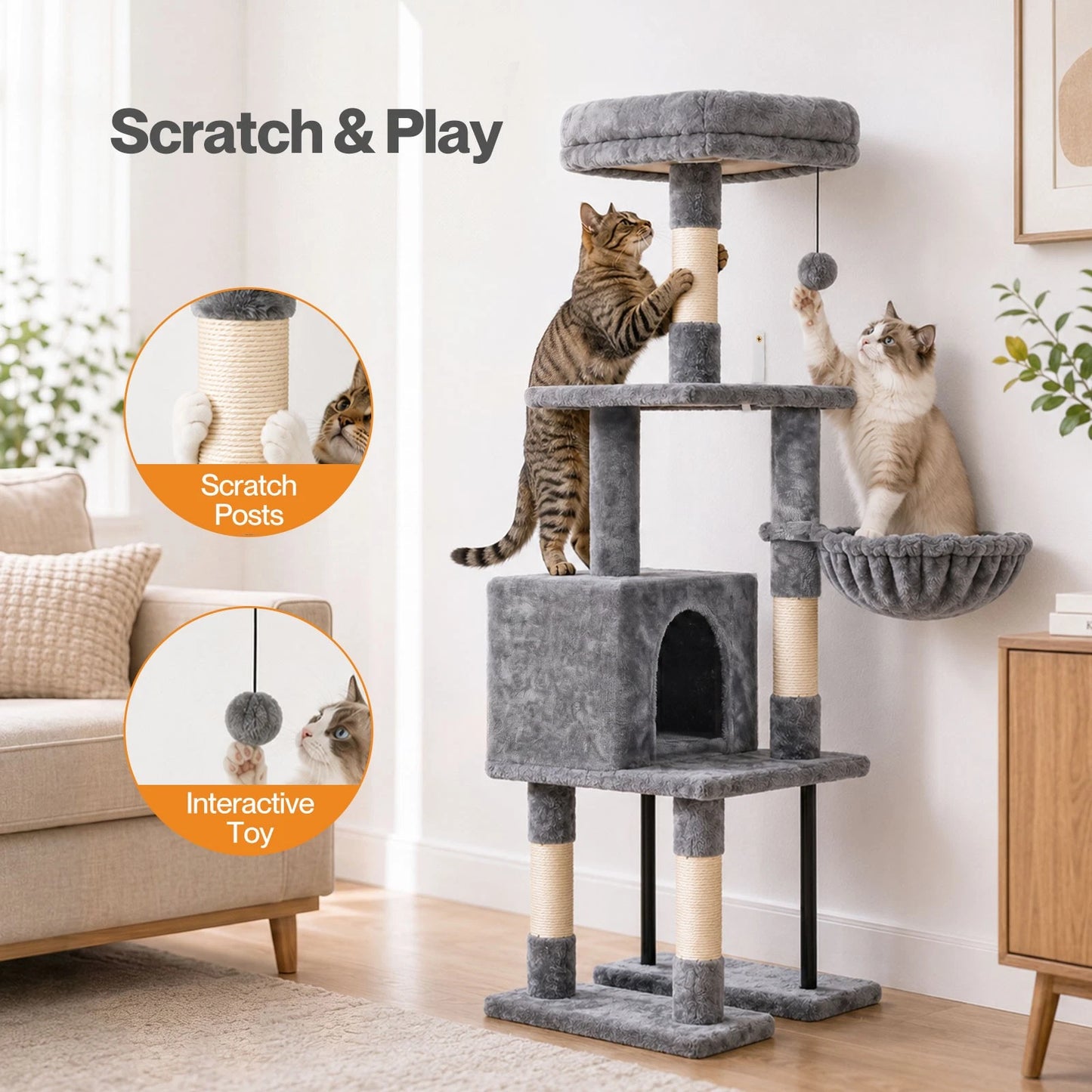 Pawz Cat Tree Cat Tower Multi-Level Cat Bed with Condo 125cm Plush Gray