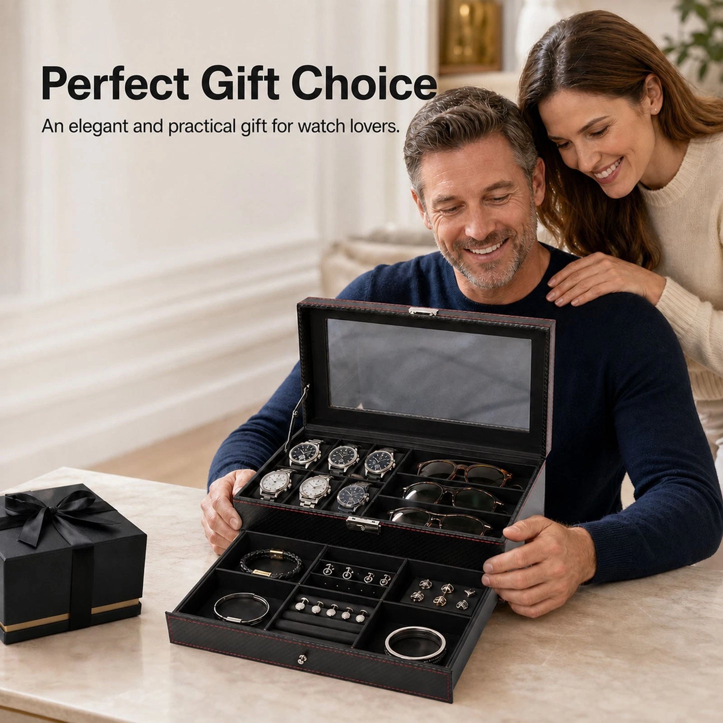 Watch Box 6 Slot Watch Case Jewelry Box PU Leather with Drawer Black