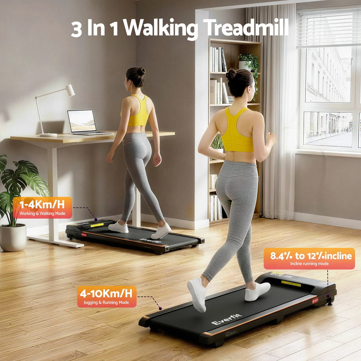 Everfit 3 in 1 Walking Pad Treadmill 12% Incline Under Desk Treadmills 38cmBelt