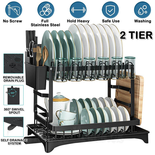 2 Tier Dish Drying Rack Plate Drainer Cutlery Holder Kitchen Organizer Storage