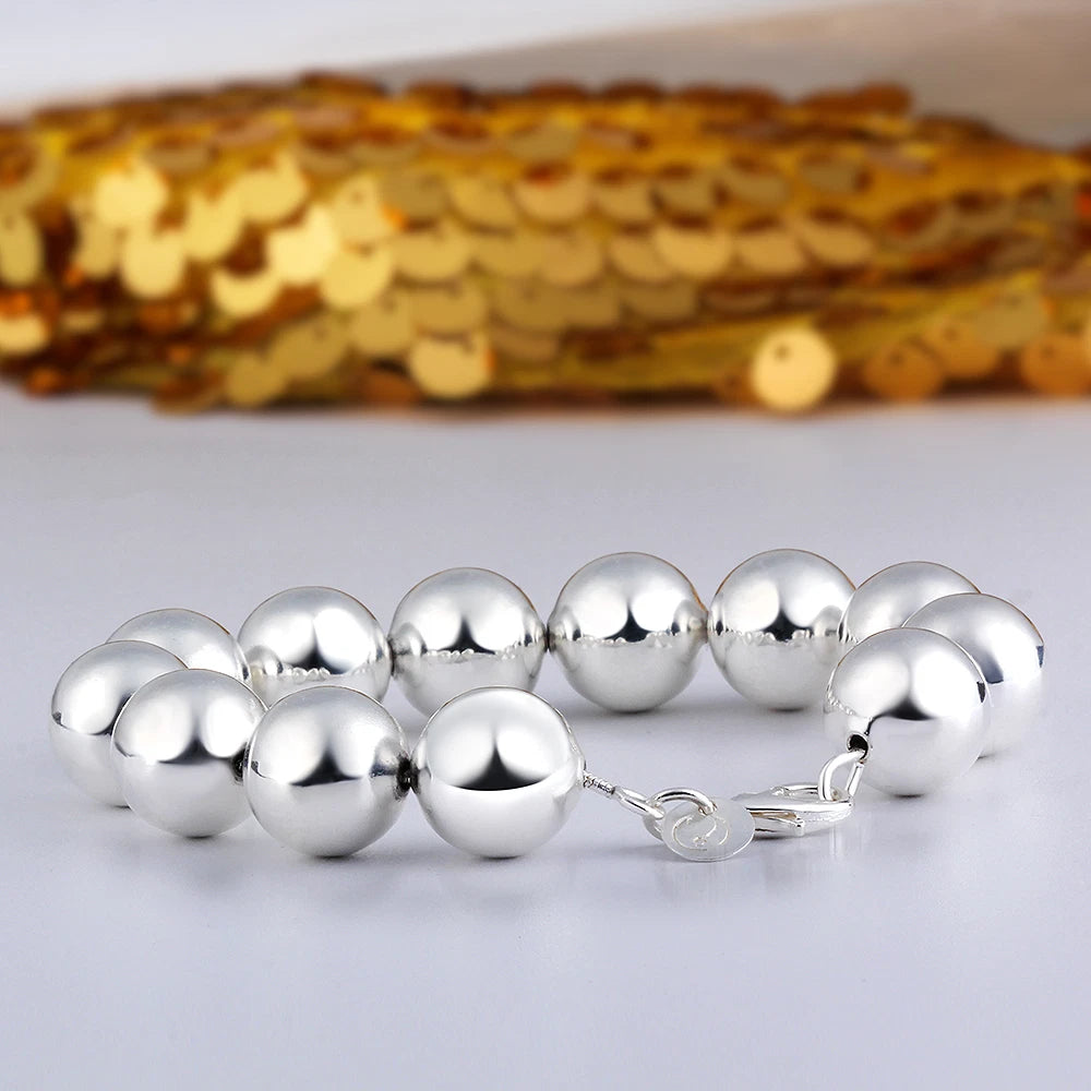 Women Man 925 Sterling Silver Filled 14mm Big Ball Chain Bead Bracelet Jewelry