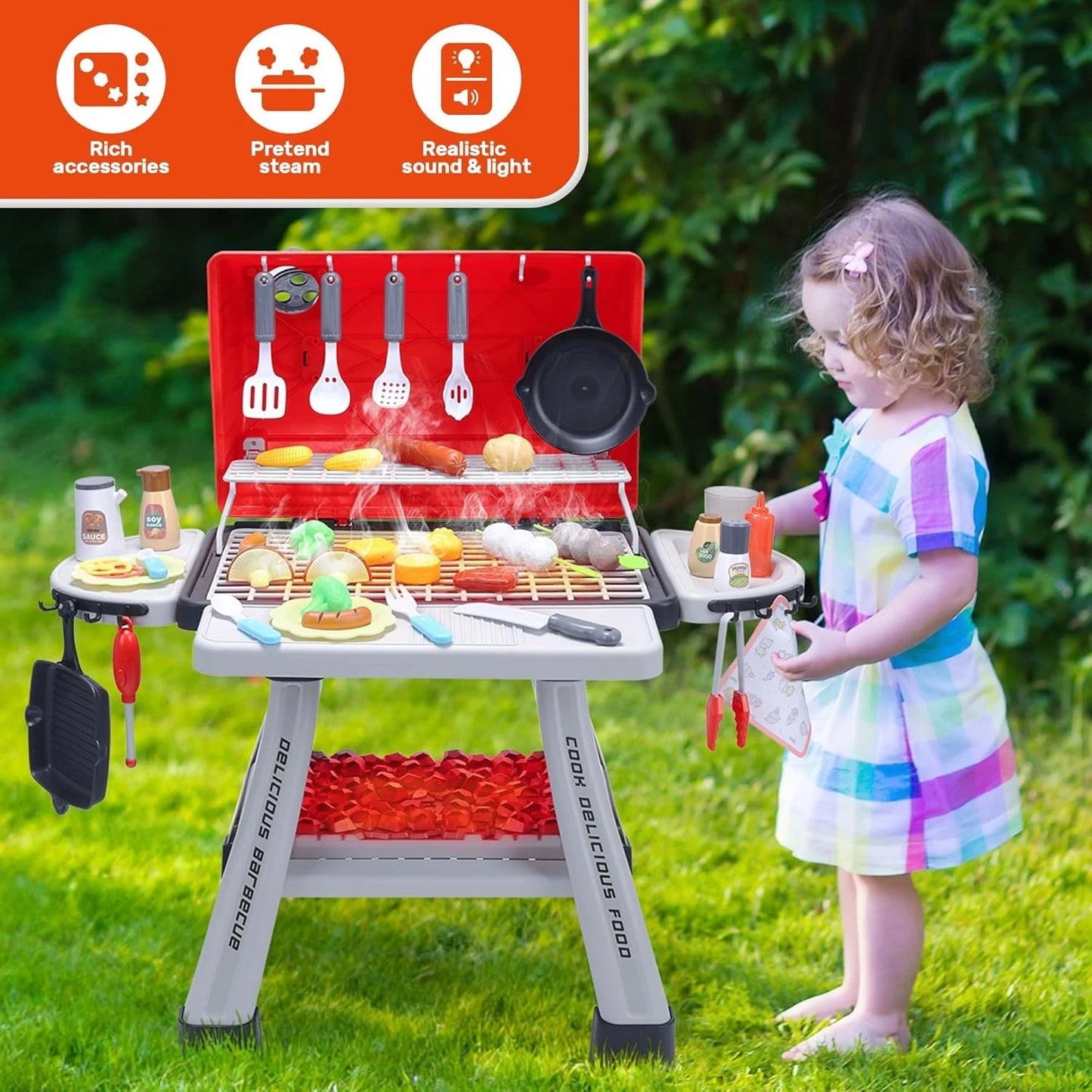 Cute Stone Kids Grill Playset BBQ Set Cooking Toy Pretend Kitchen Playset