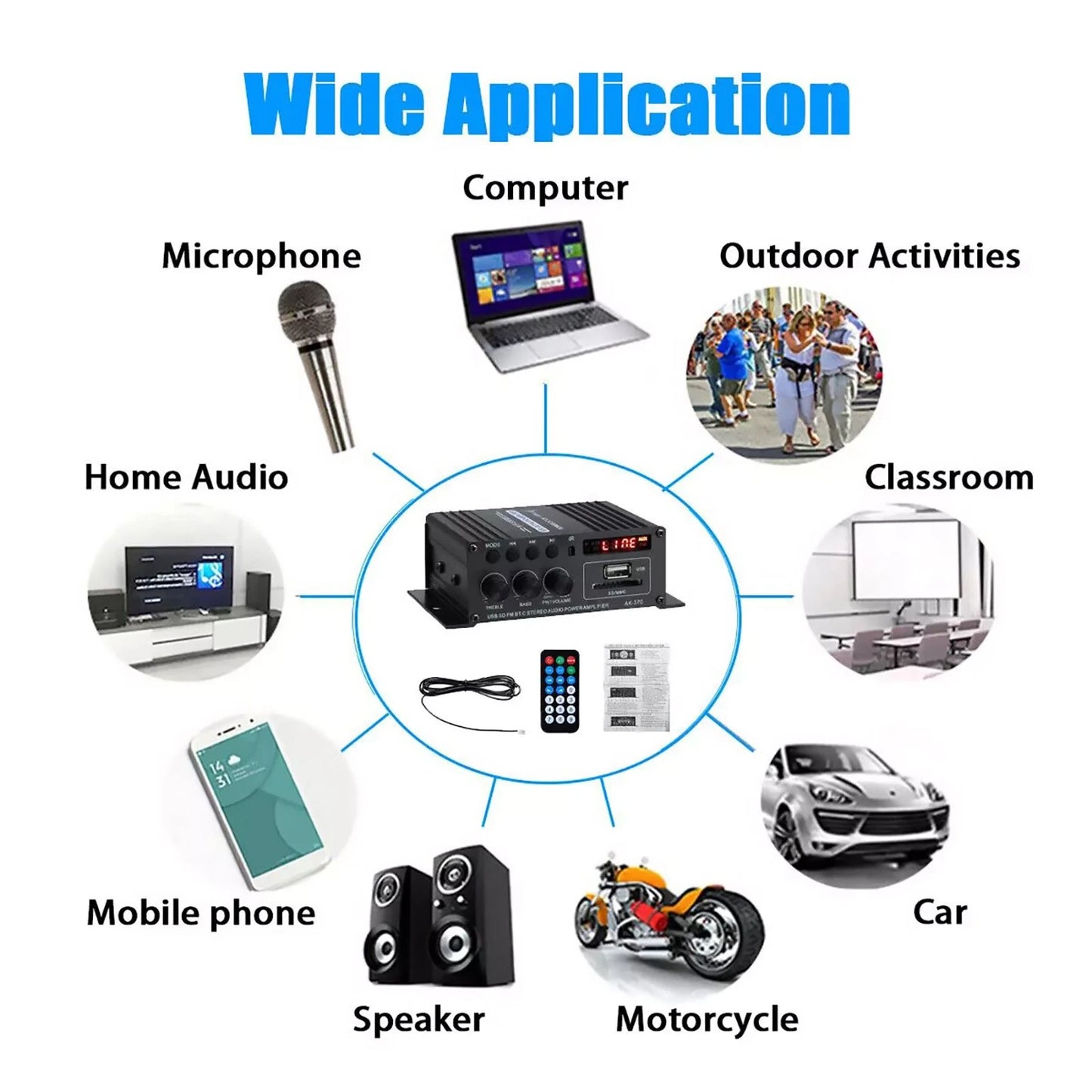 12V HiFi Bluetooth Power Amplifier Mini Stereo Audio FM Car Home AMP Remote 400W