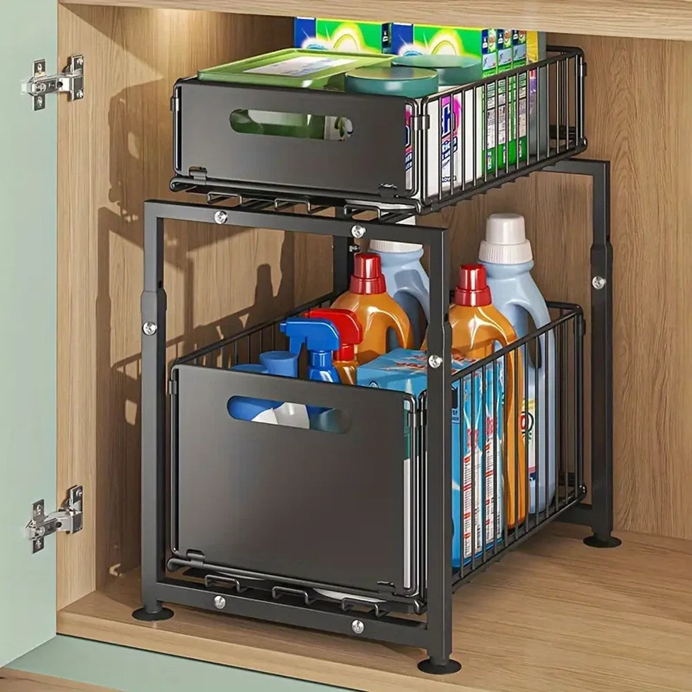 Large 2 Tier Pull Out Basket Kitchen Under Sink Cupboard Organiser Storage Rack