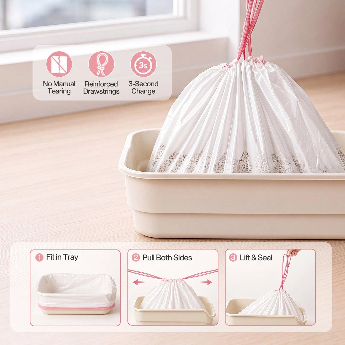 Pawz Cat Litter Bags 30 Pcs 94 x 45cm Drawstring 10kg HDPE White Pink