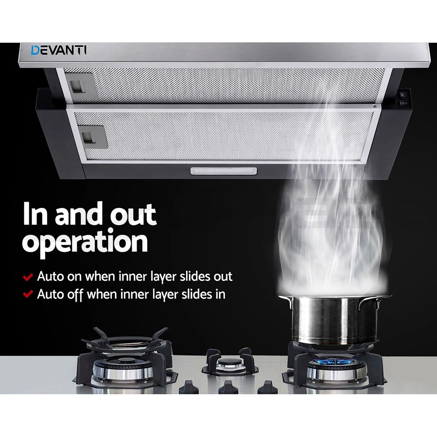 Devanti 600mm Range Hood 60cm Slide out Rangehood Kitchen Canopy Stainless Steel