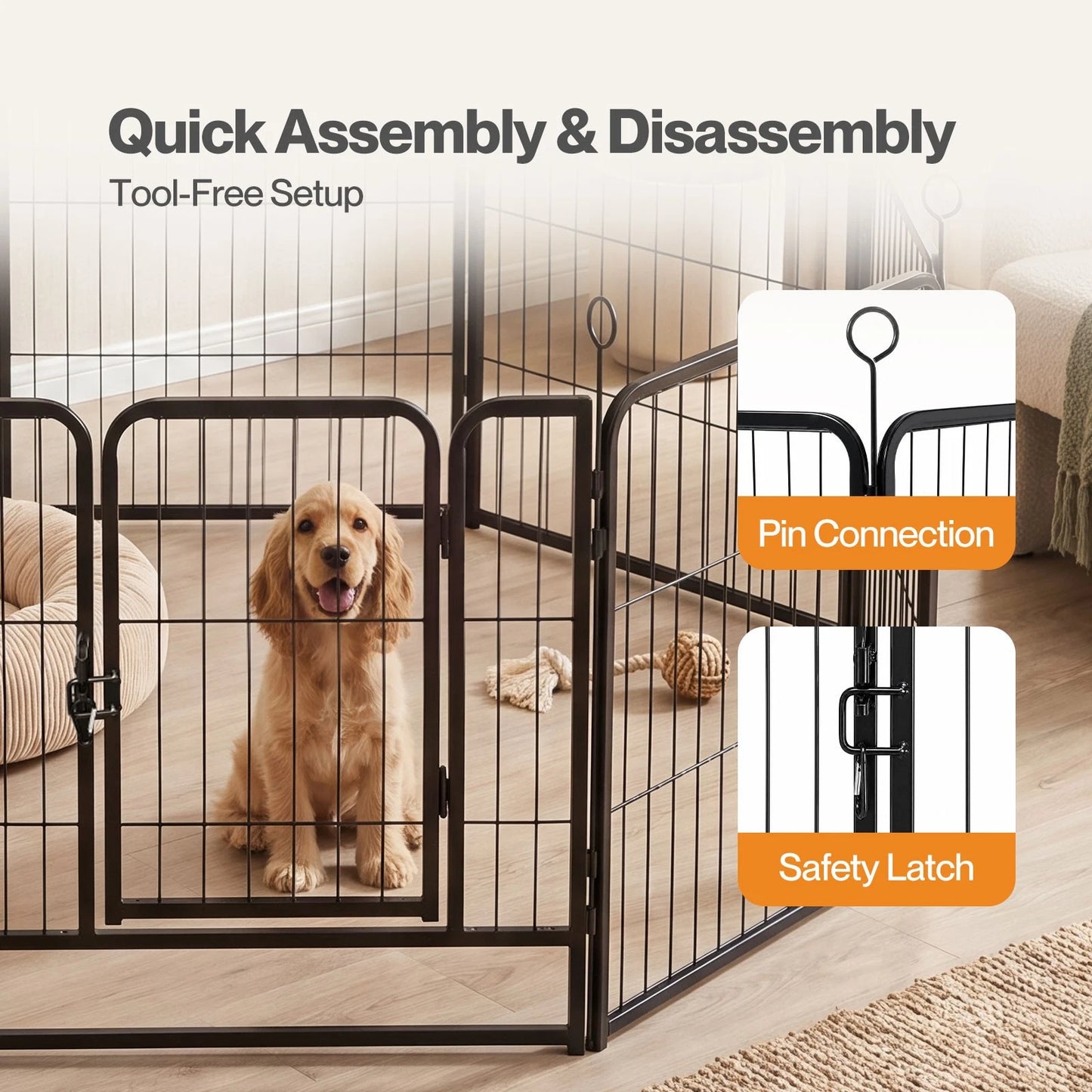 Pawz Dog Playpen 8-Panel Metal Dog Pen Tool-Free Foldable Puppy Crate Black