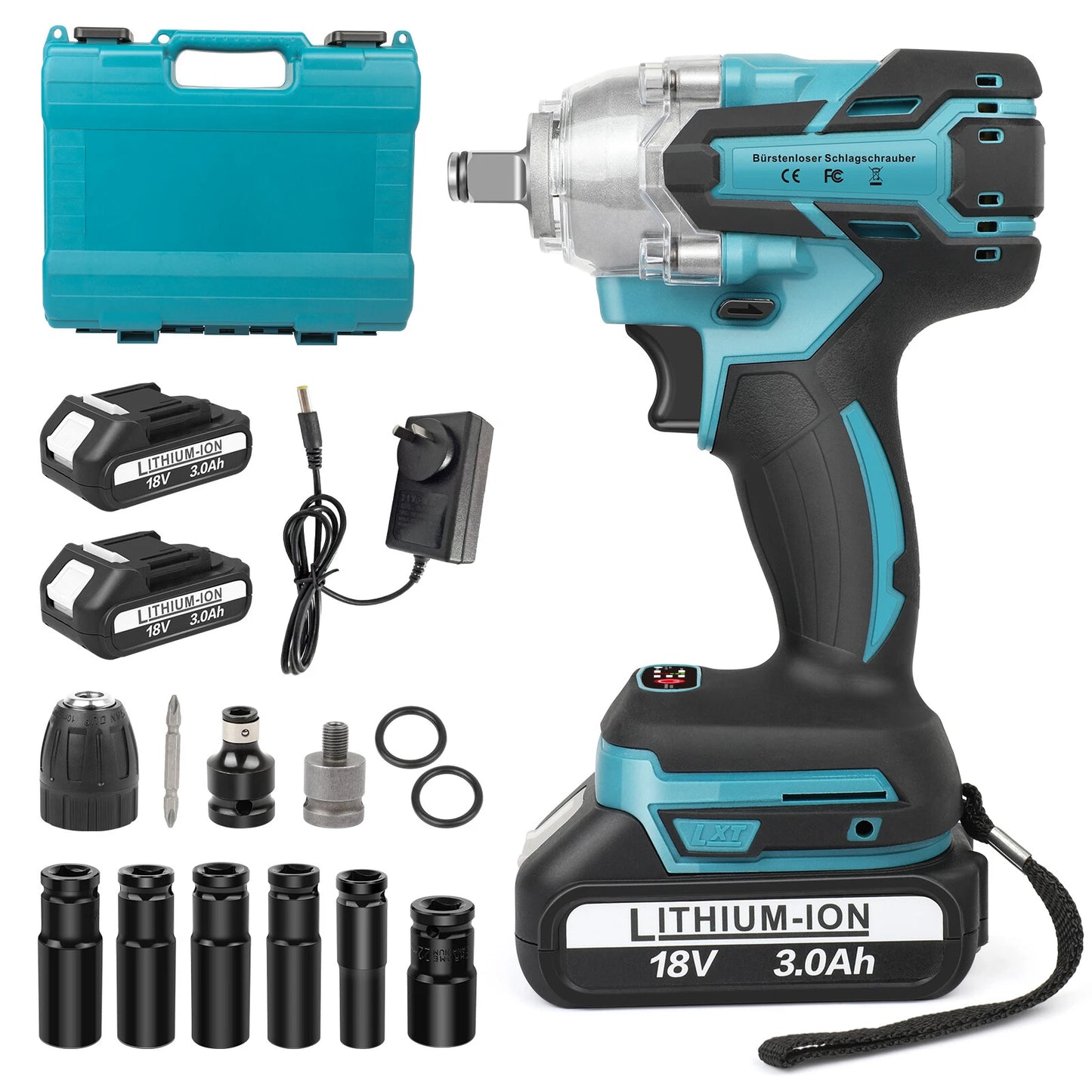 1/2" Electric Wrench Cordless Brushless Impact Rattle Gun Drill Kit + 2x Battery