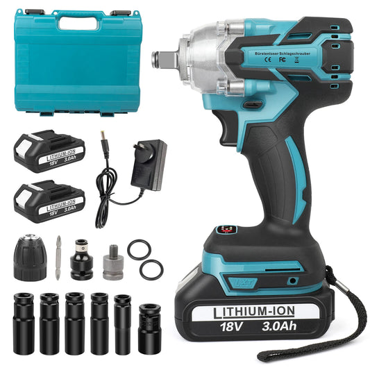 1/2" Electric Wrench Cordless Brushless Impact Rattle Gun Drill Kit + 2x Battery